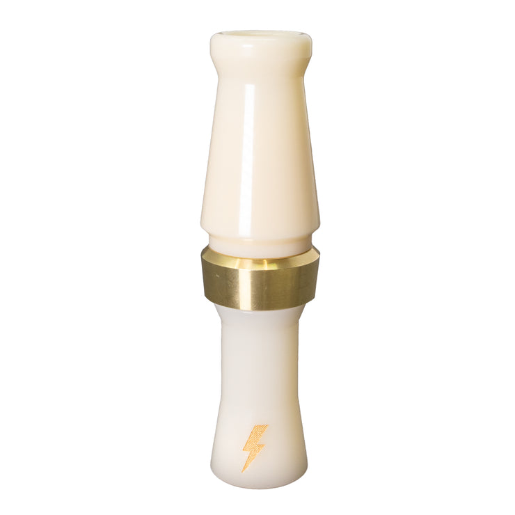 The Beau Brooks Signature Series Duck Call by Power Calls is a white cylindrical object with a gold band in the middle and a gold lightning bolt near the base, shown standing upright against a white background.