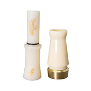 Two cream-colored Beau Brooks Signature Series Duck Calls by Power Calls stand upright on a white background. Each call features gold accents; one has a lightning bolt symbol, the other gold writing and a black ring near the middle.
